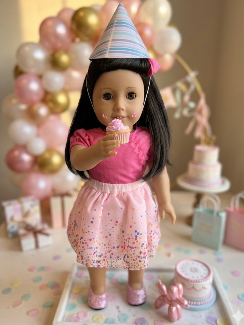 American Girl  Doll with pink Outfit and  Party Hat